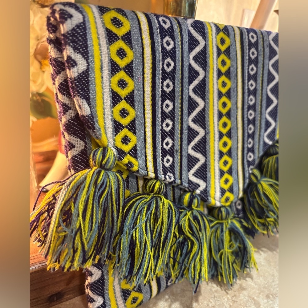 Mud Pie Envelope Clutch Purse, Navy/White/Yellow, Tassel Fringe Trimmed, Woven - Picture 2 of 8